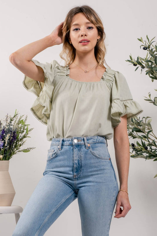 Pom Pom Ruffle Sleeve Blouse