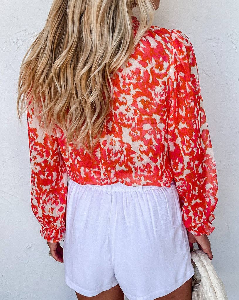 Abstract Floral Ruffle V-Neck Blouse