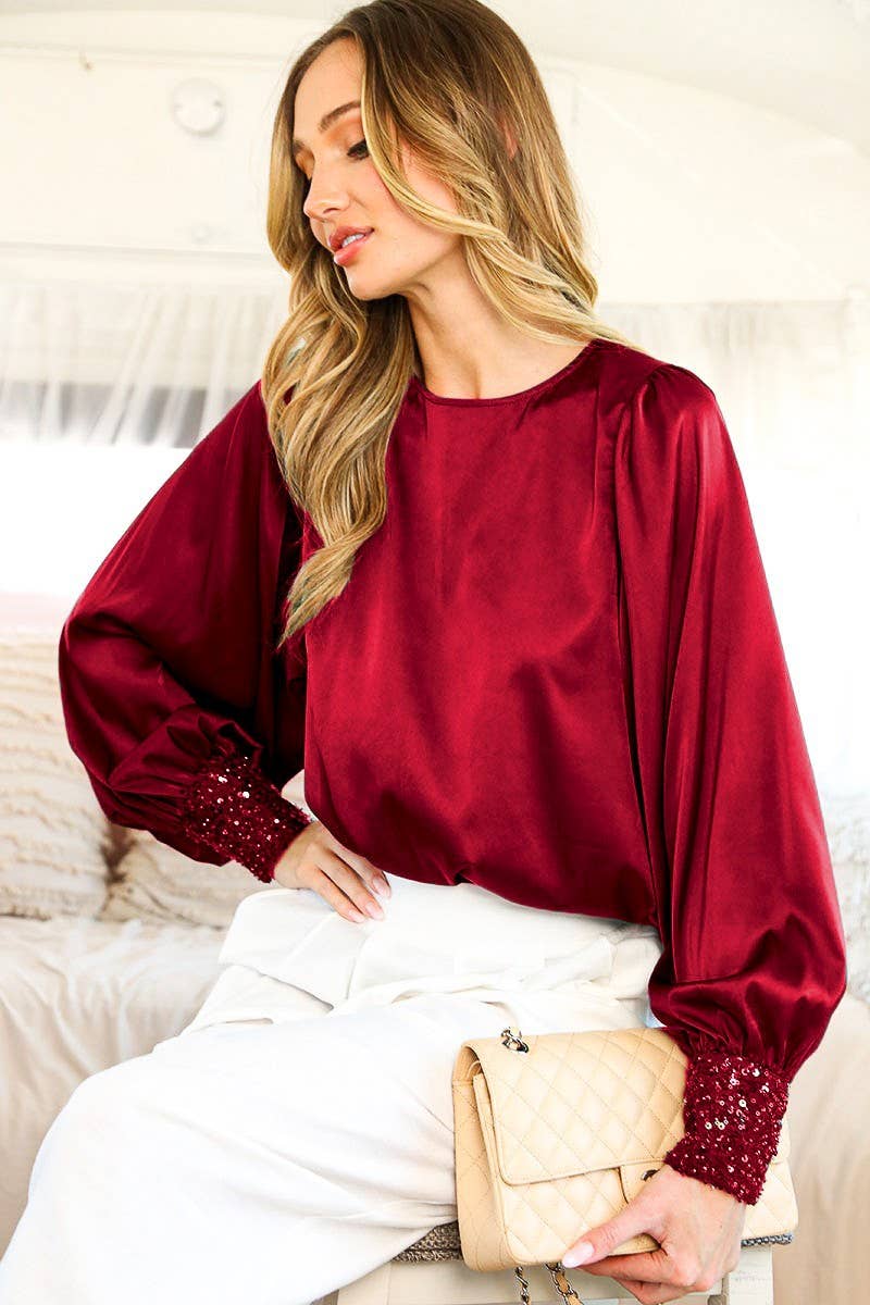 Sequin Cuff Accent Crew Neck Satin Blouse Top