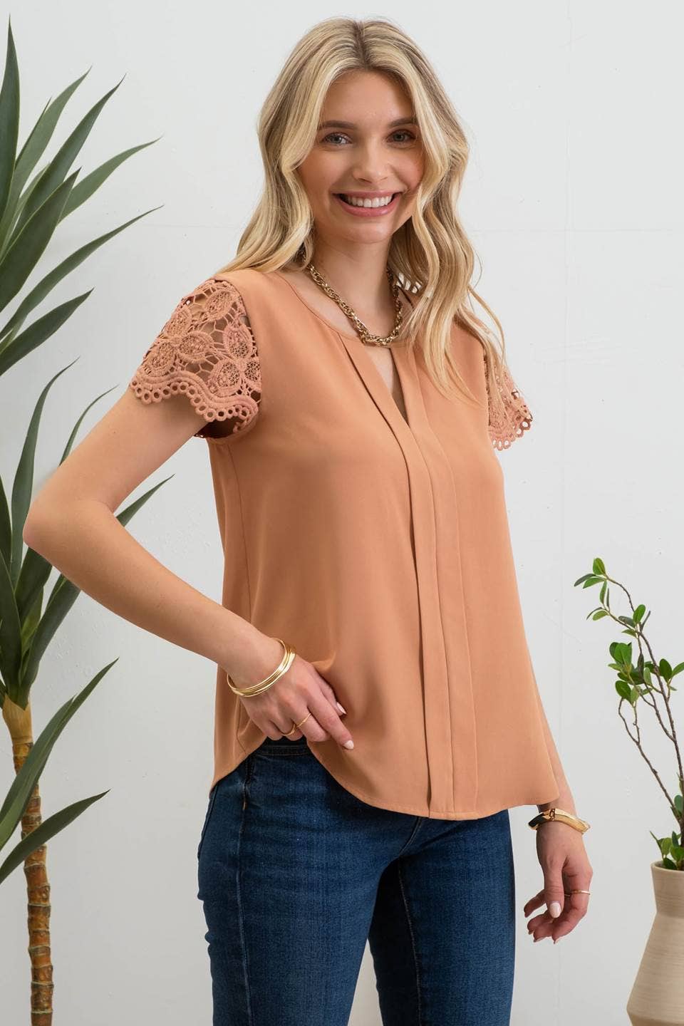 Keyhole Eyelet Lace Sleeve Blouse