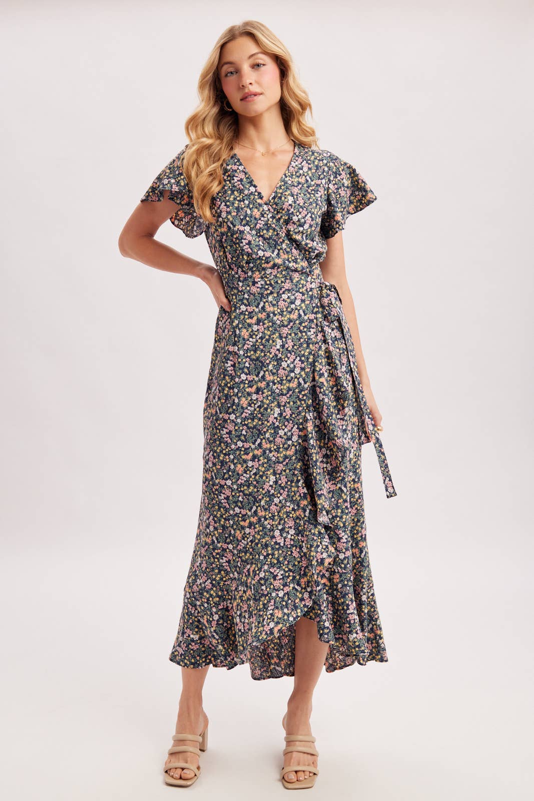 Floral Print Ruffled Hem Wrap Maxi Dress