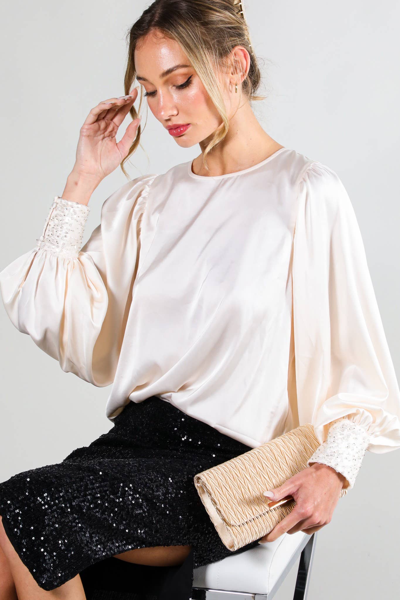Sequin Cuff Accent Crew Neck Satin Blouse Top
