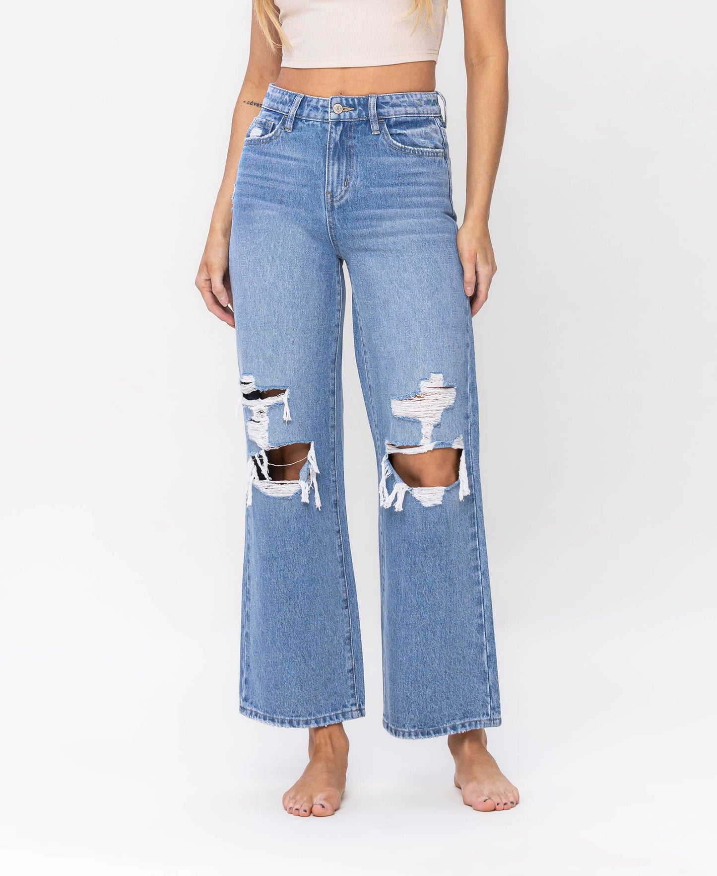 High Rise Distressed Wide Leg Jeans