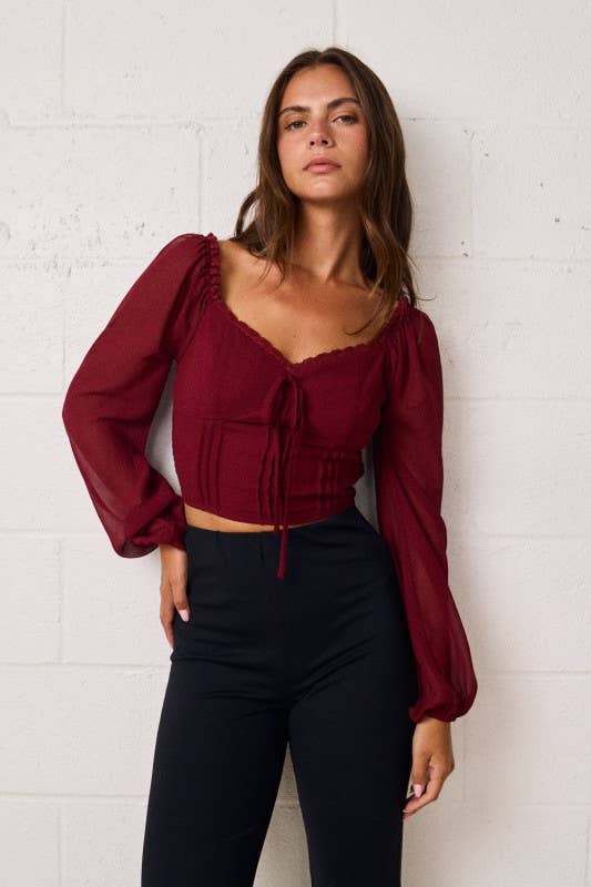 Romantic Sheer Sleeve Top With Sweetheart Neckline