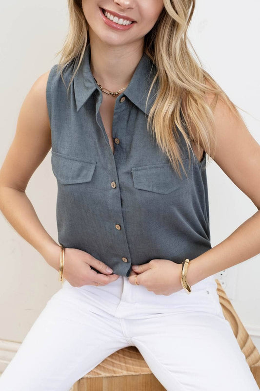 Collared Button Down Sleeveless Shirt