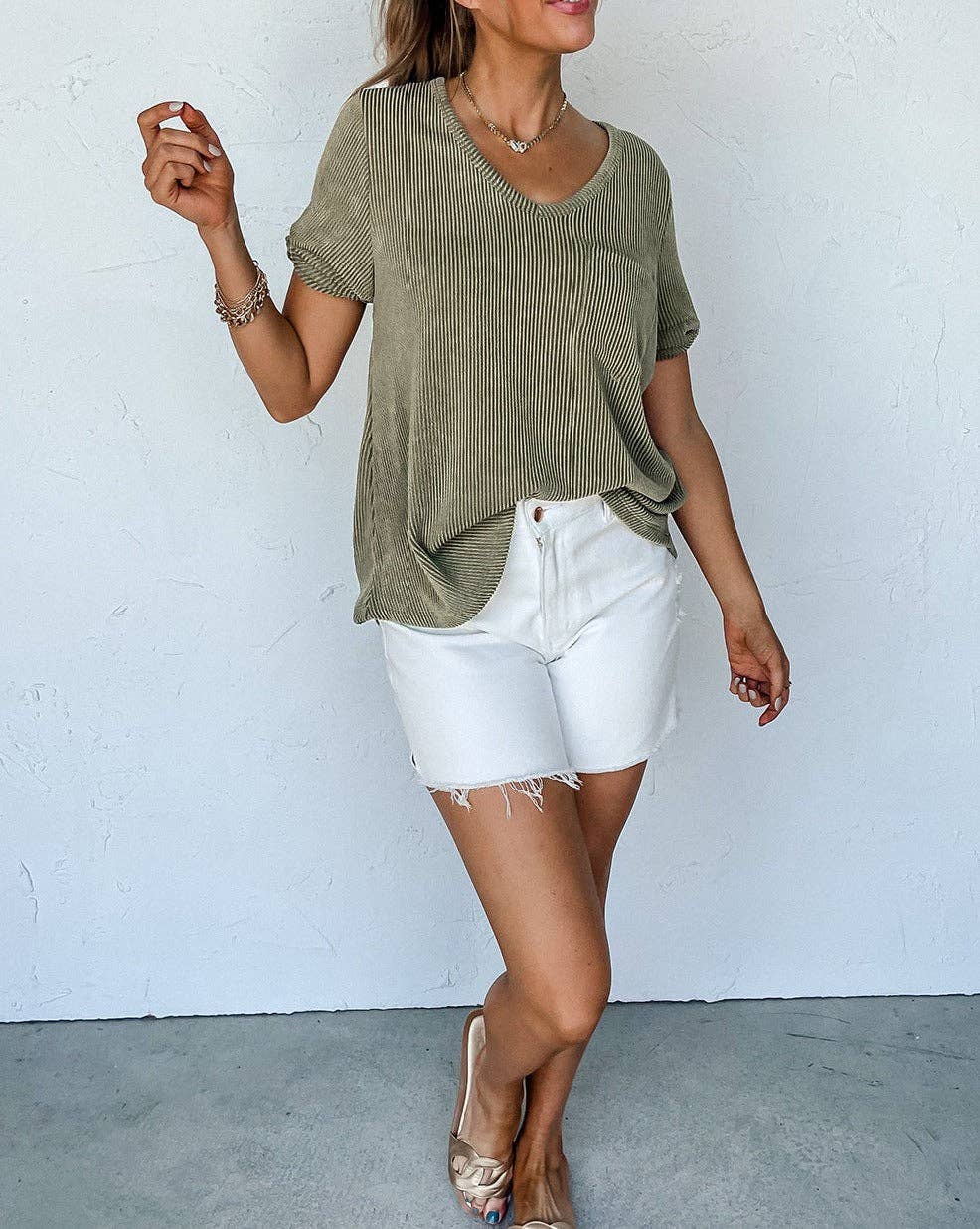 Corded V-Neck Short Sleeve Top