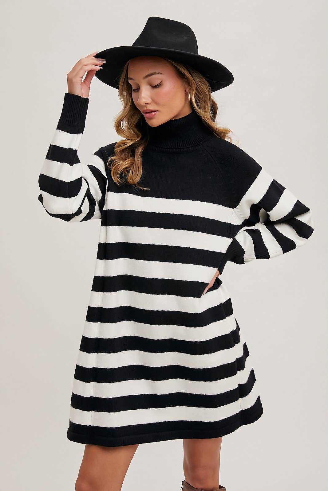 Striped Turtle Neck Knit Sweater Dress