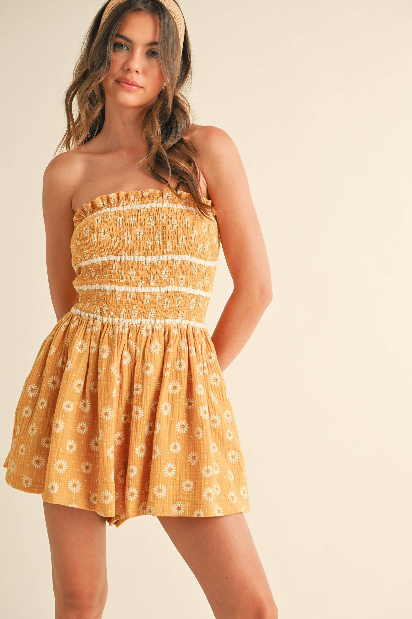 Floral Tube Ruffled Smocking Romper with Pockets