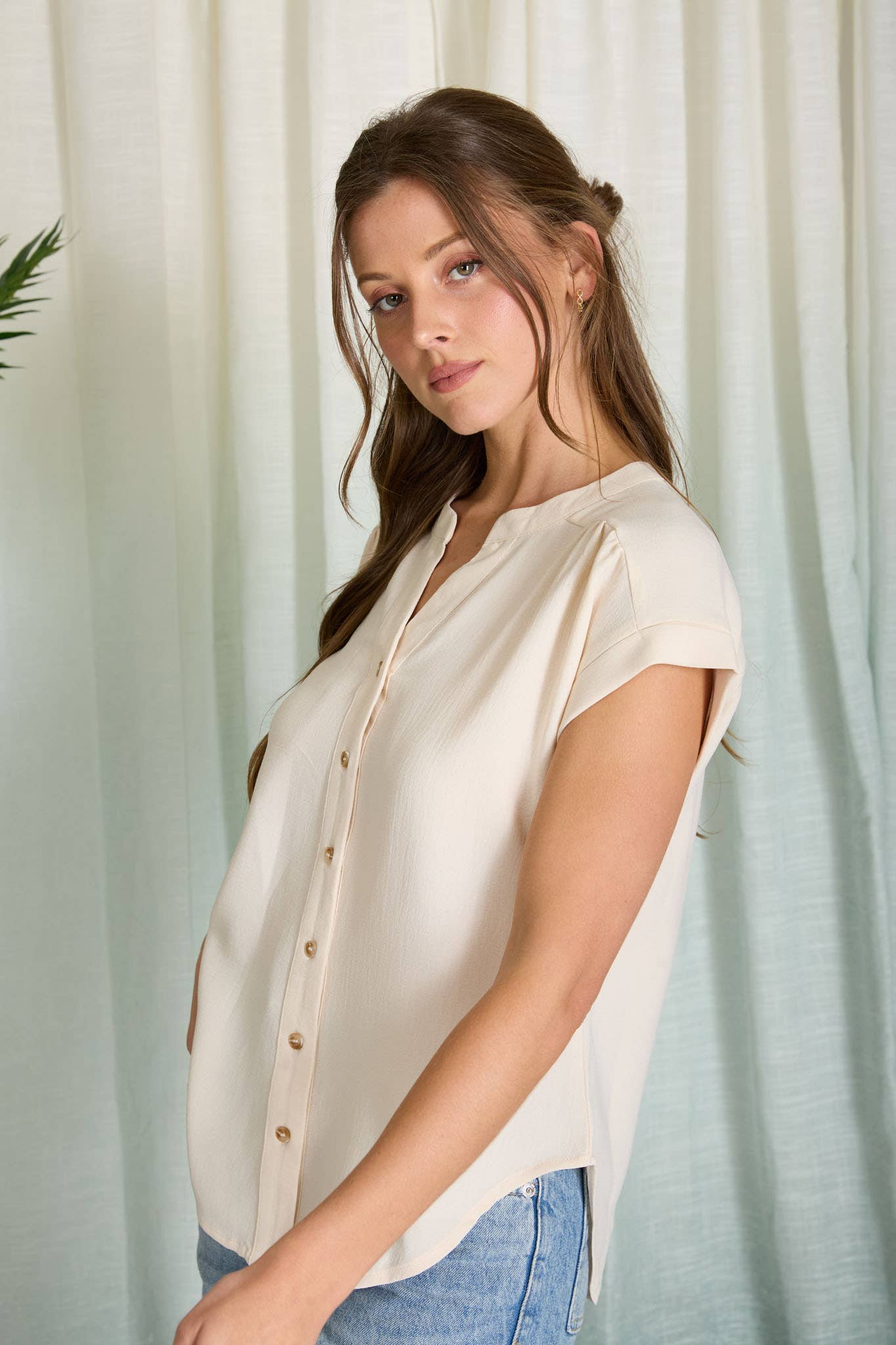 Split Neck Button Down Woven Top