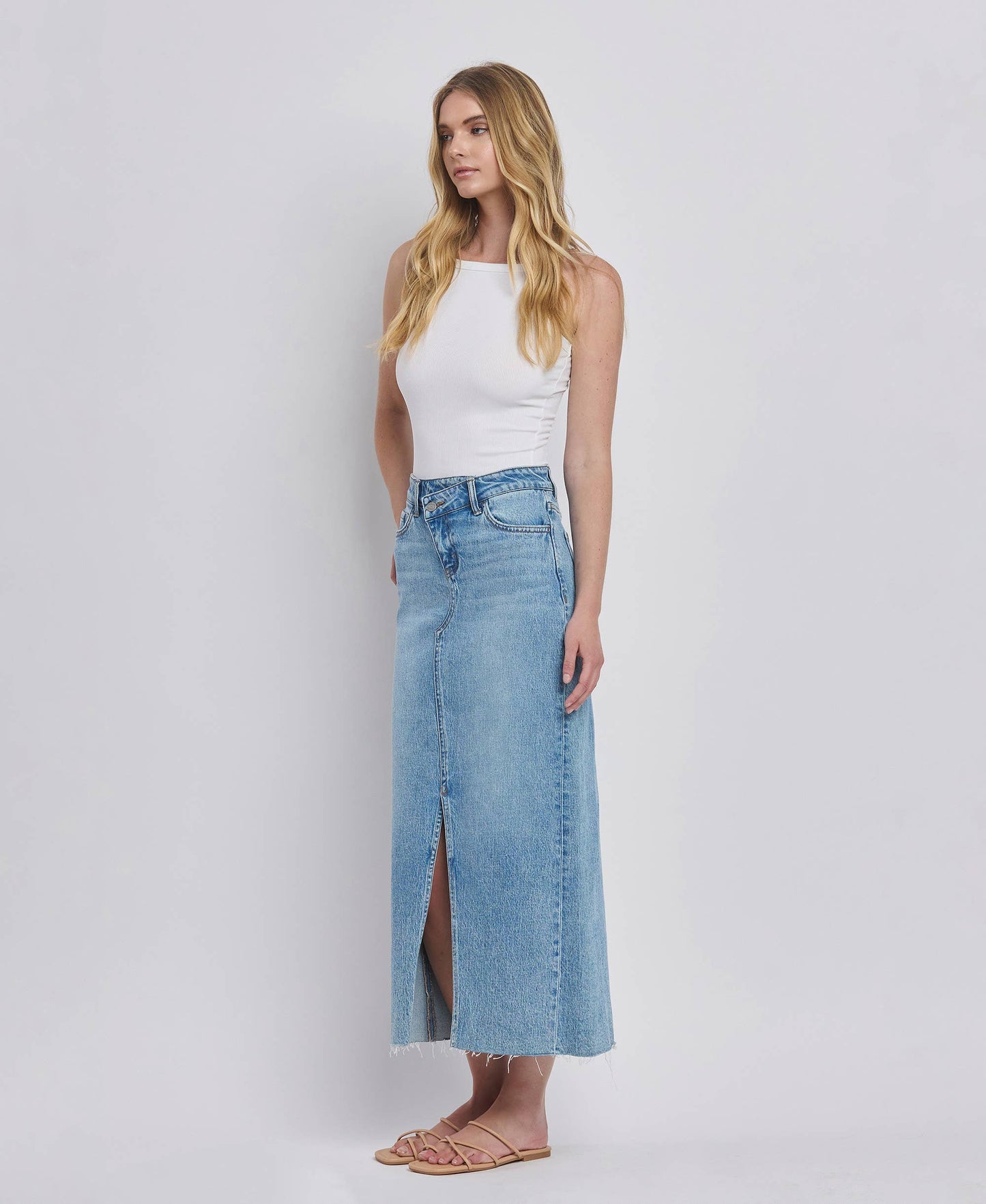 Criss Cross Front Slit Maxi Denim Skirt