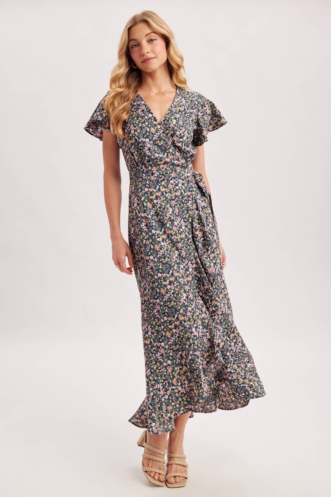 Floral Print Ruffled Hem Wrap Maxi Dress