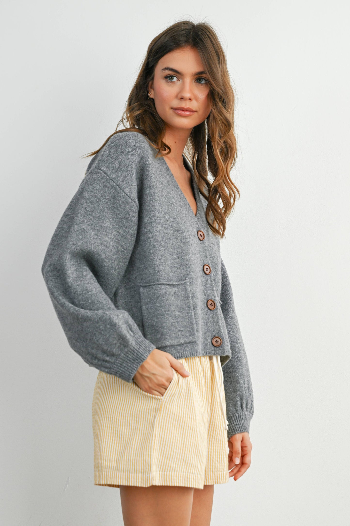 V-Neck Cuff Button-Up Long Sleeve Top