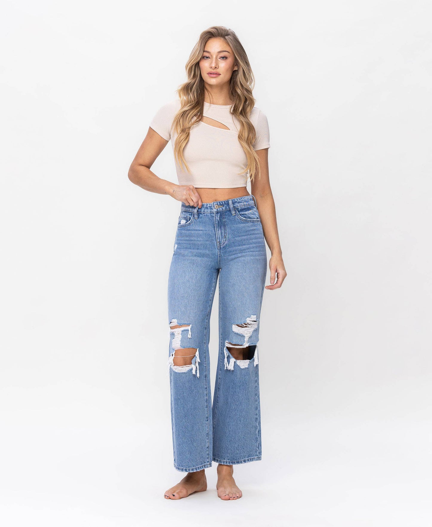 High Rise Distressed Wide Leg Jeans