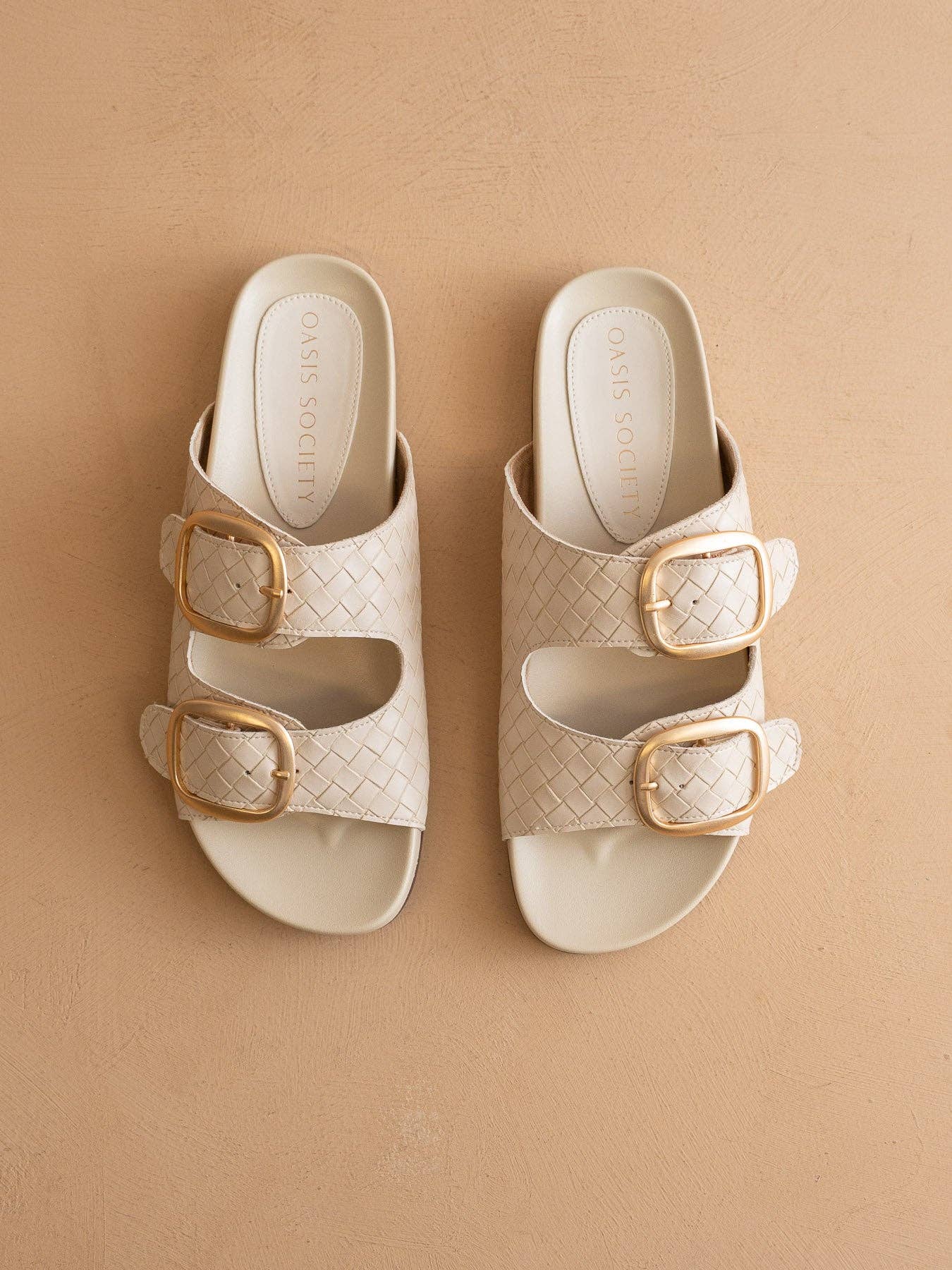 The Desiree | Beige Woven Slide with Oversized Gold Buckles