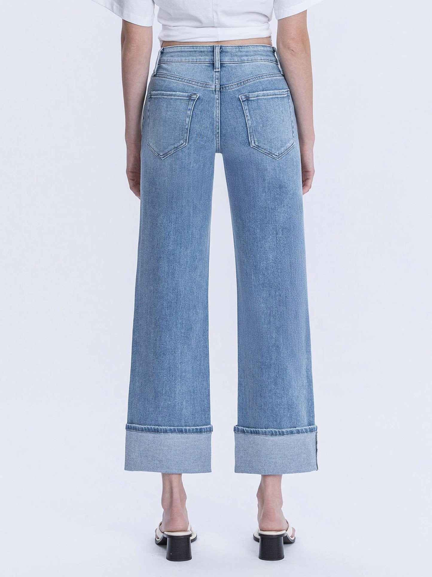 High Rise Medium Light Wash Cuffed Slim Wide Jeans
