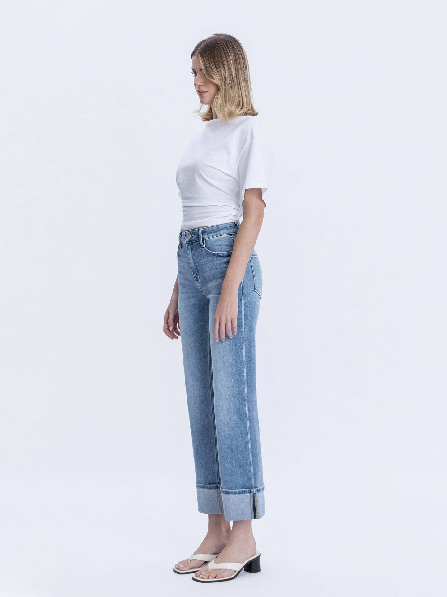High Rise Medium Light Wash Cuffed Slim Wide Jeans