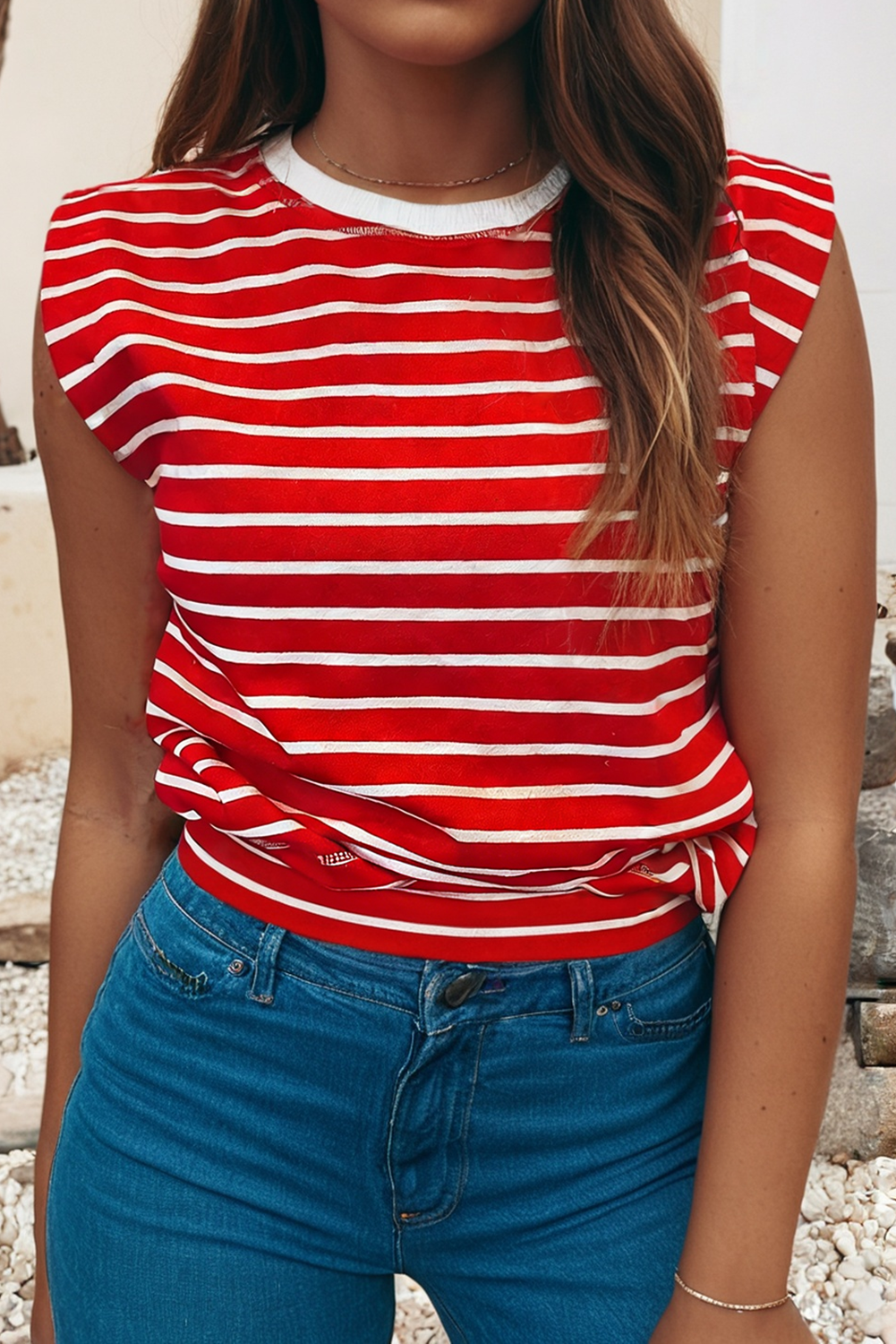 Stripe Ribbed Round Neck Tank Top