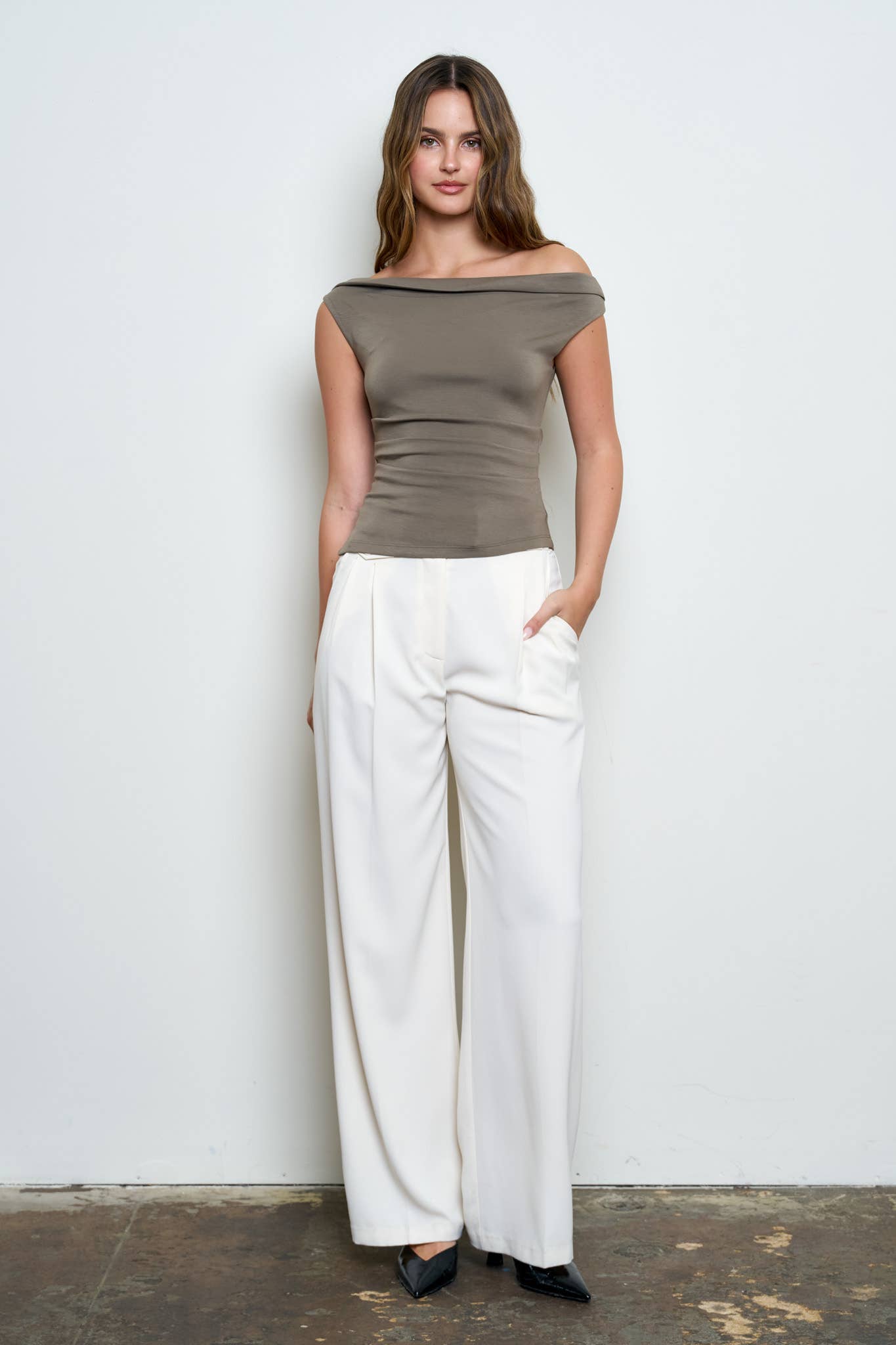 Olive Off-the-Shoulder Ruched Knit Top