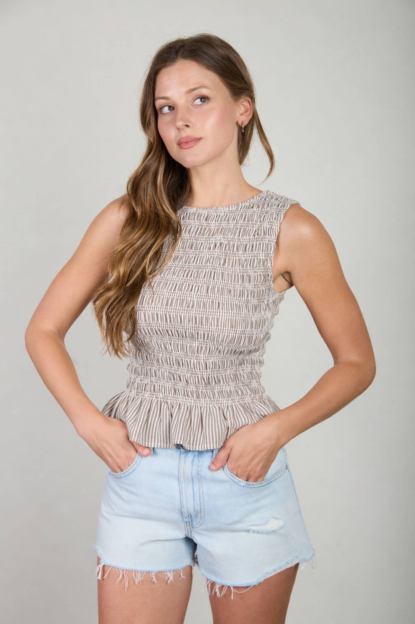 Light Blue Smocked Stripe Top