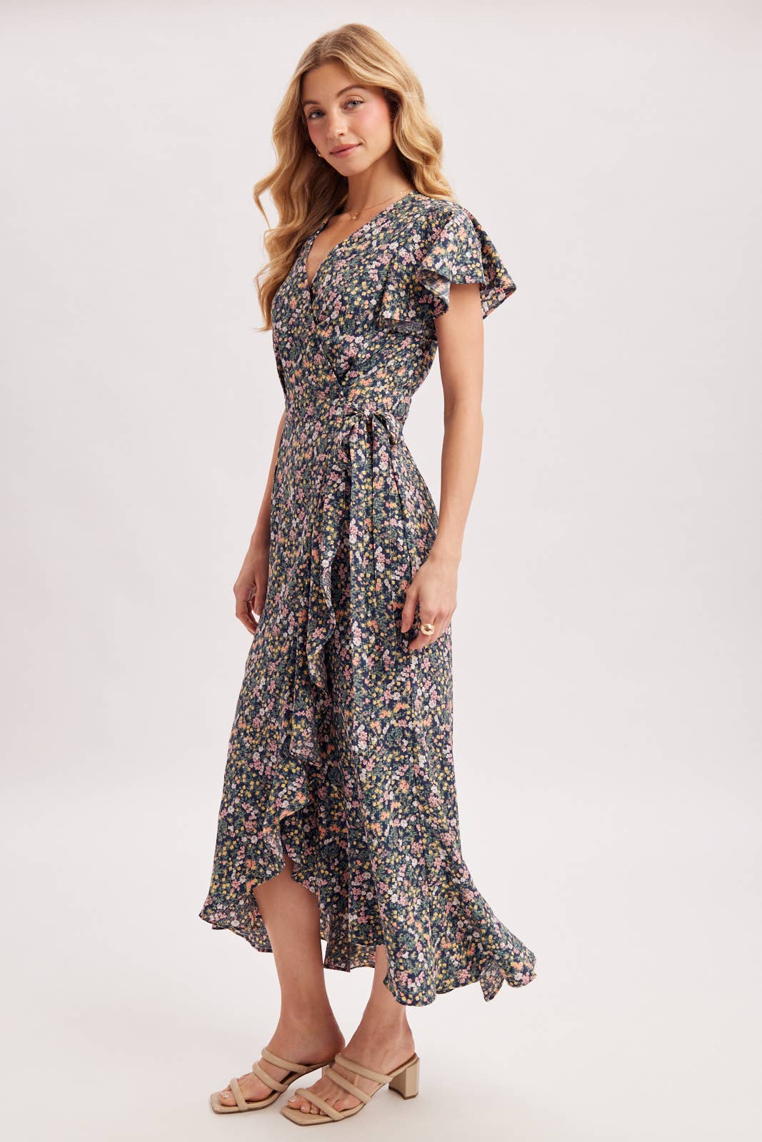 Floral Print Ruffled Hem Wrap Maxi Dress