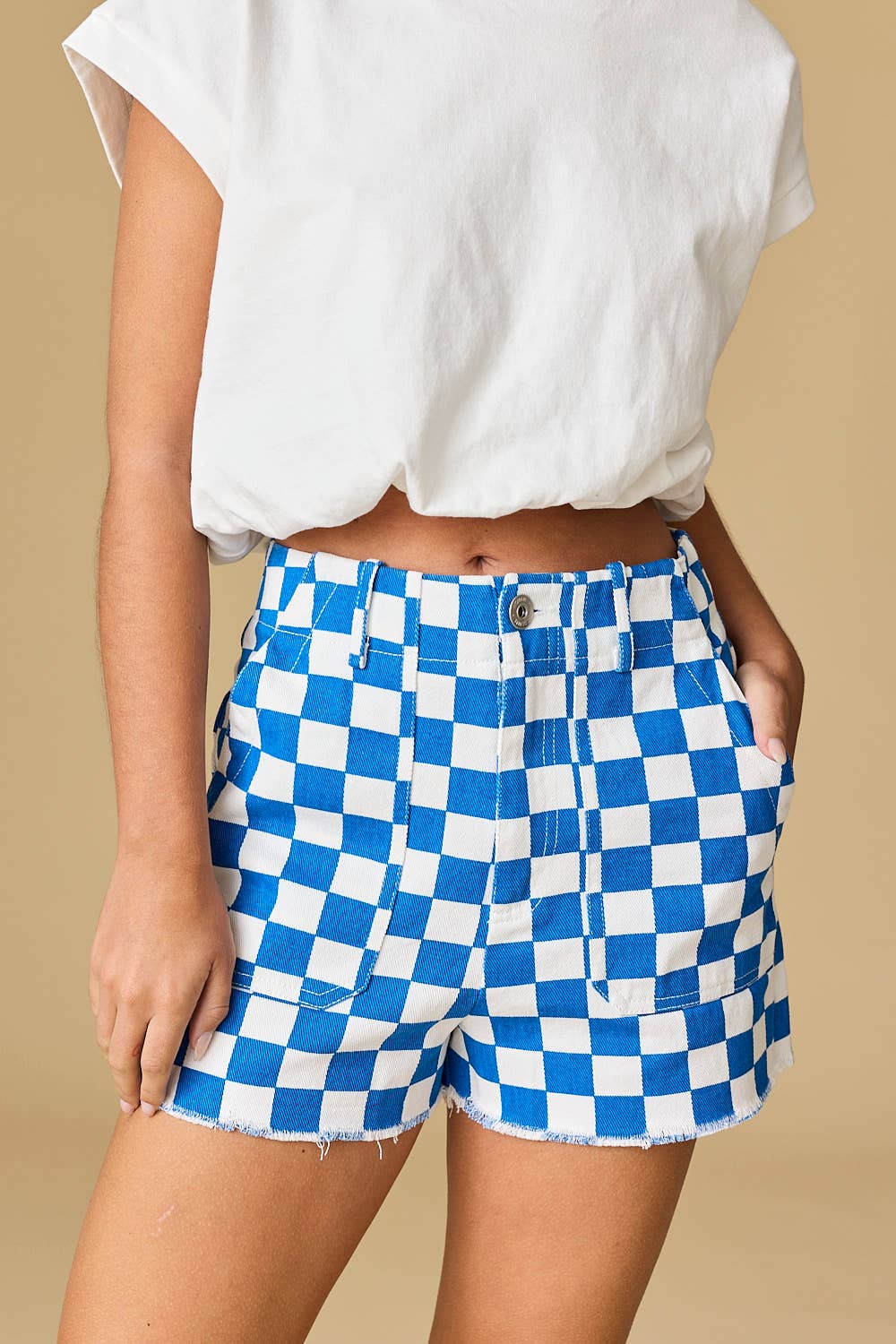 Red & White Checkerboard Frayed Hem Denim Shorts