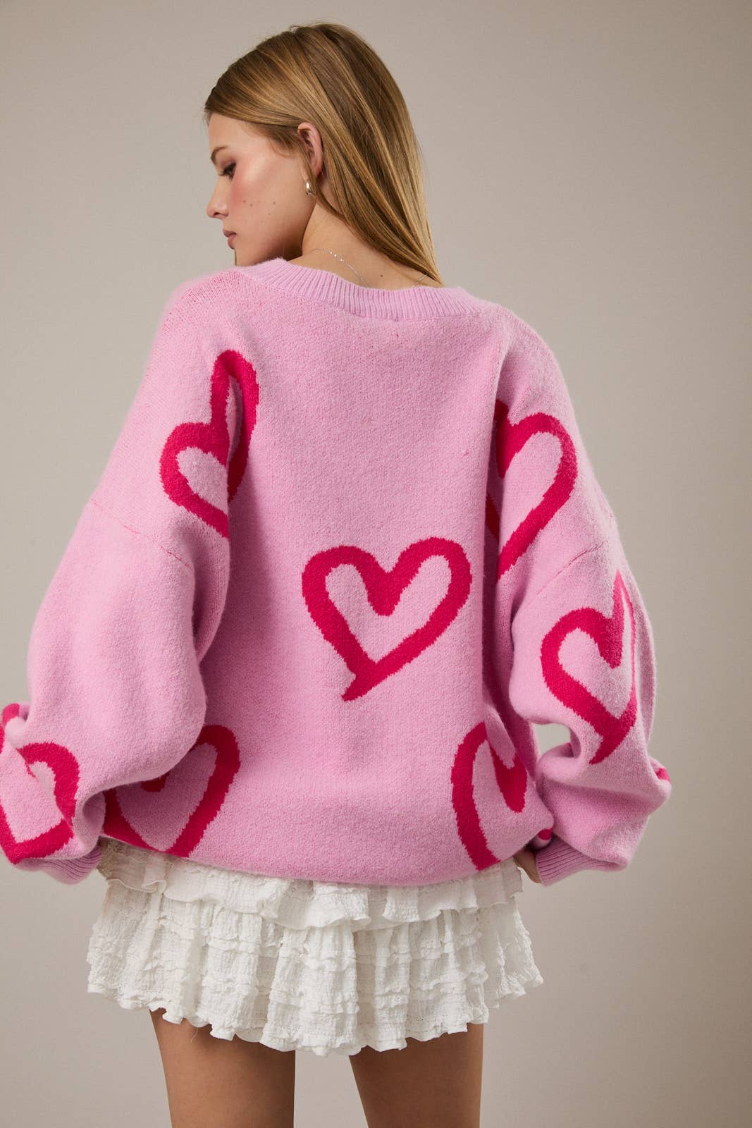 Long Sleeve Round Neck Heart Printed Sweater