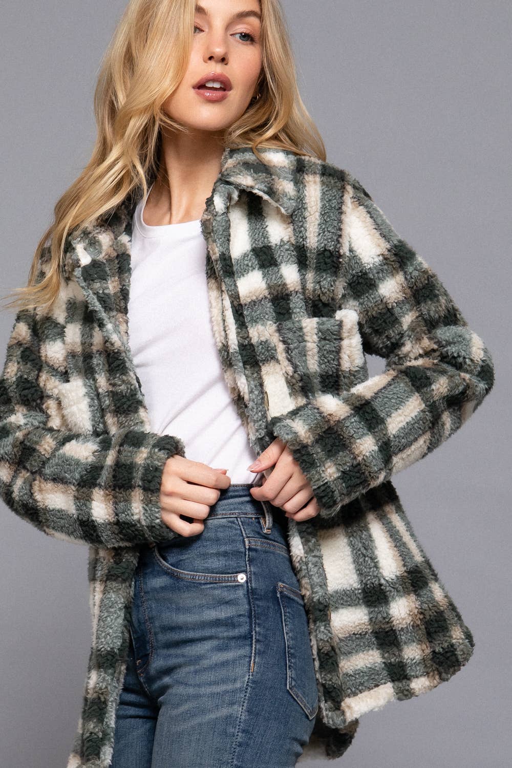 Long Sleeve Button Down Oversize Printed Faux Fur Jacket