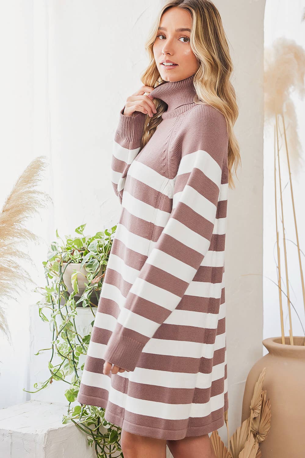 Striped Turtle Neck Knit Sweater Dress