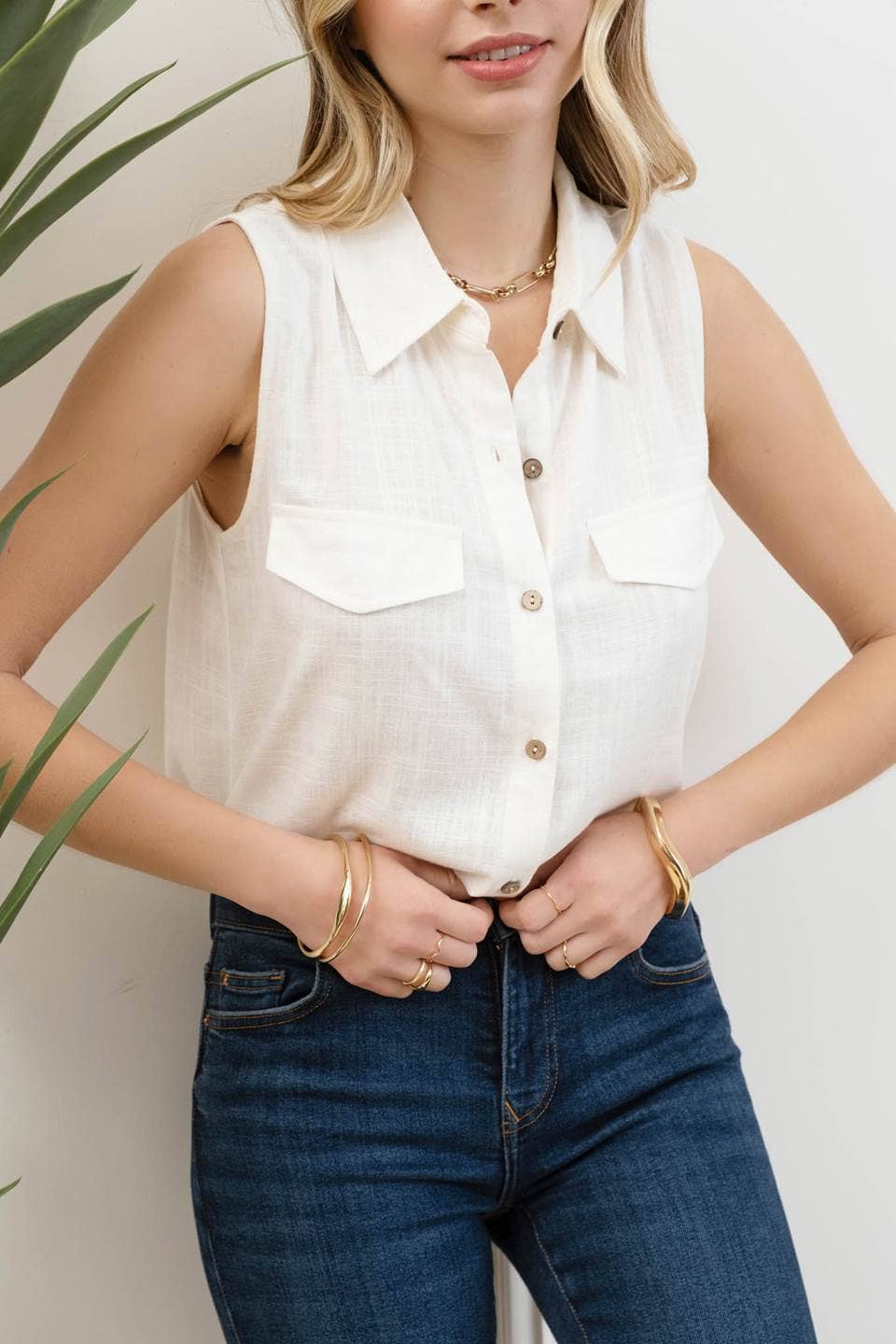 Collared Button Down Sleeveless Shirt