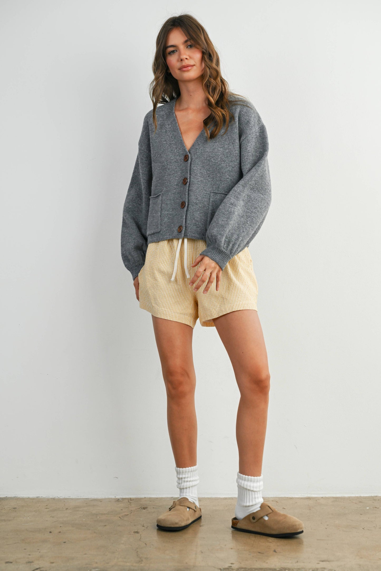 V-Neck Cuff Button-Up Long Sleeve Top