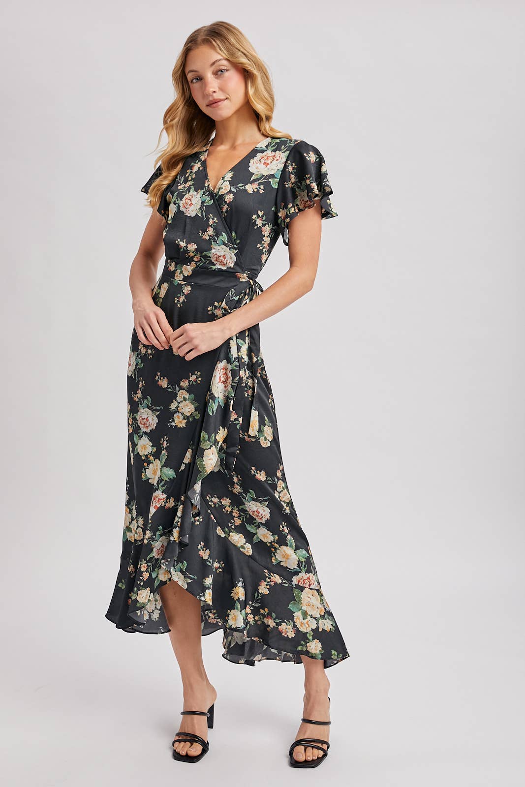 Floral Print Ruffled Wrap Maxi Dress