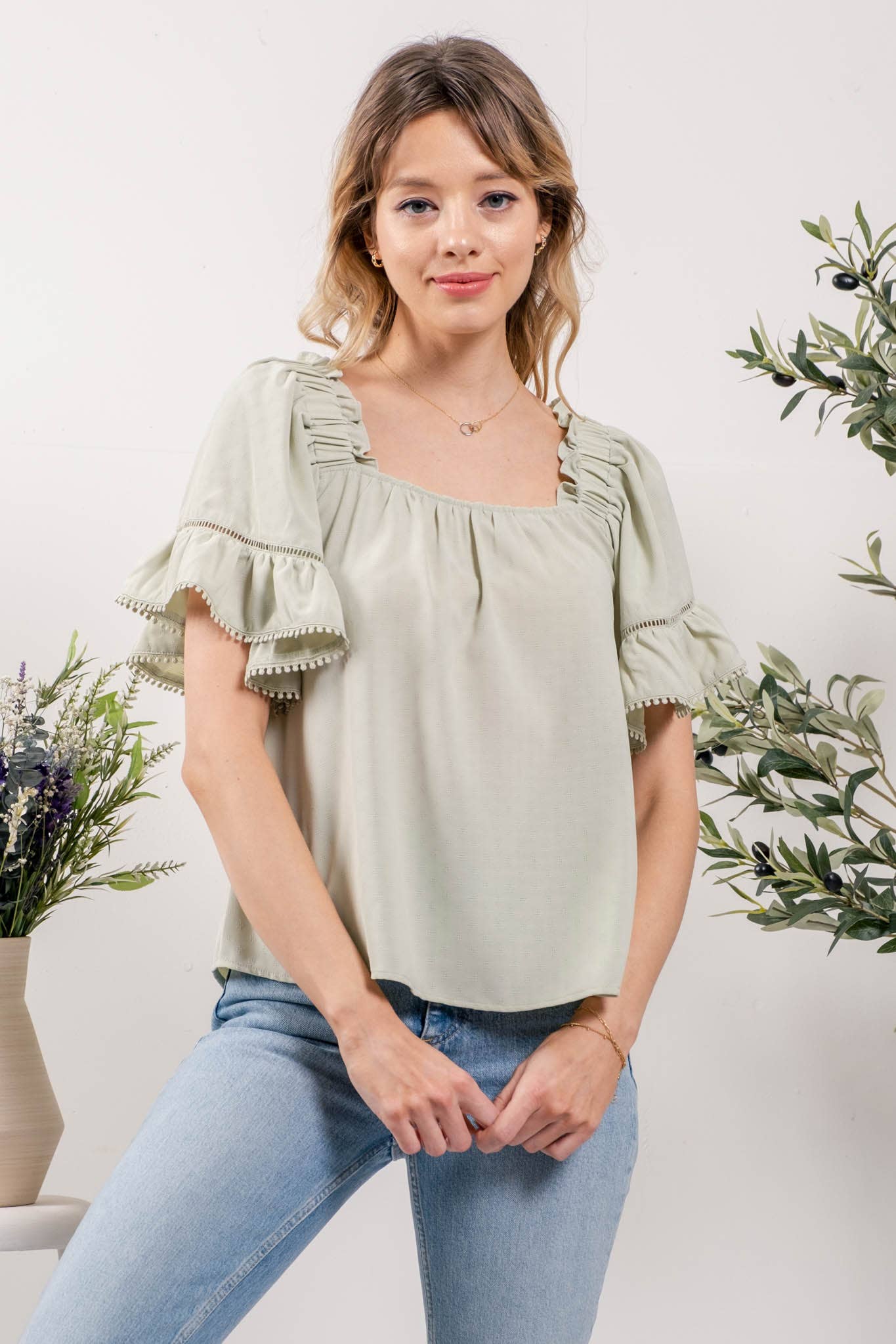 Pom Pom Ruffle Sleeve Blouse