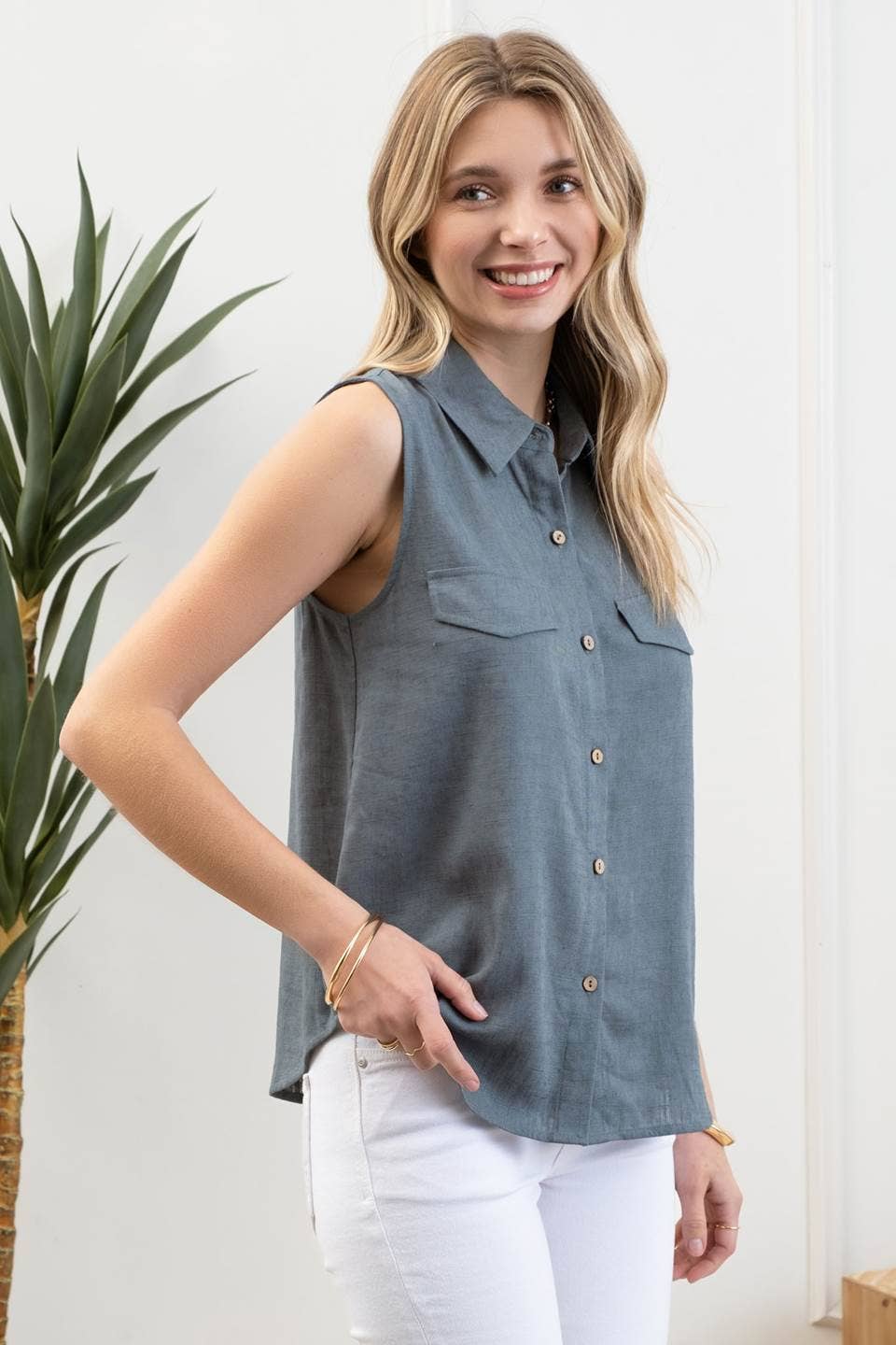 Collared Button Down Sleeveless Shirt