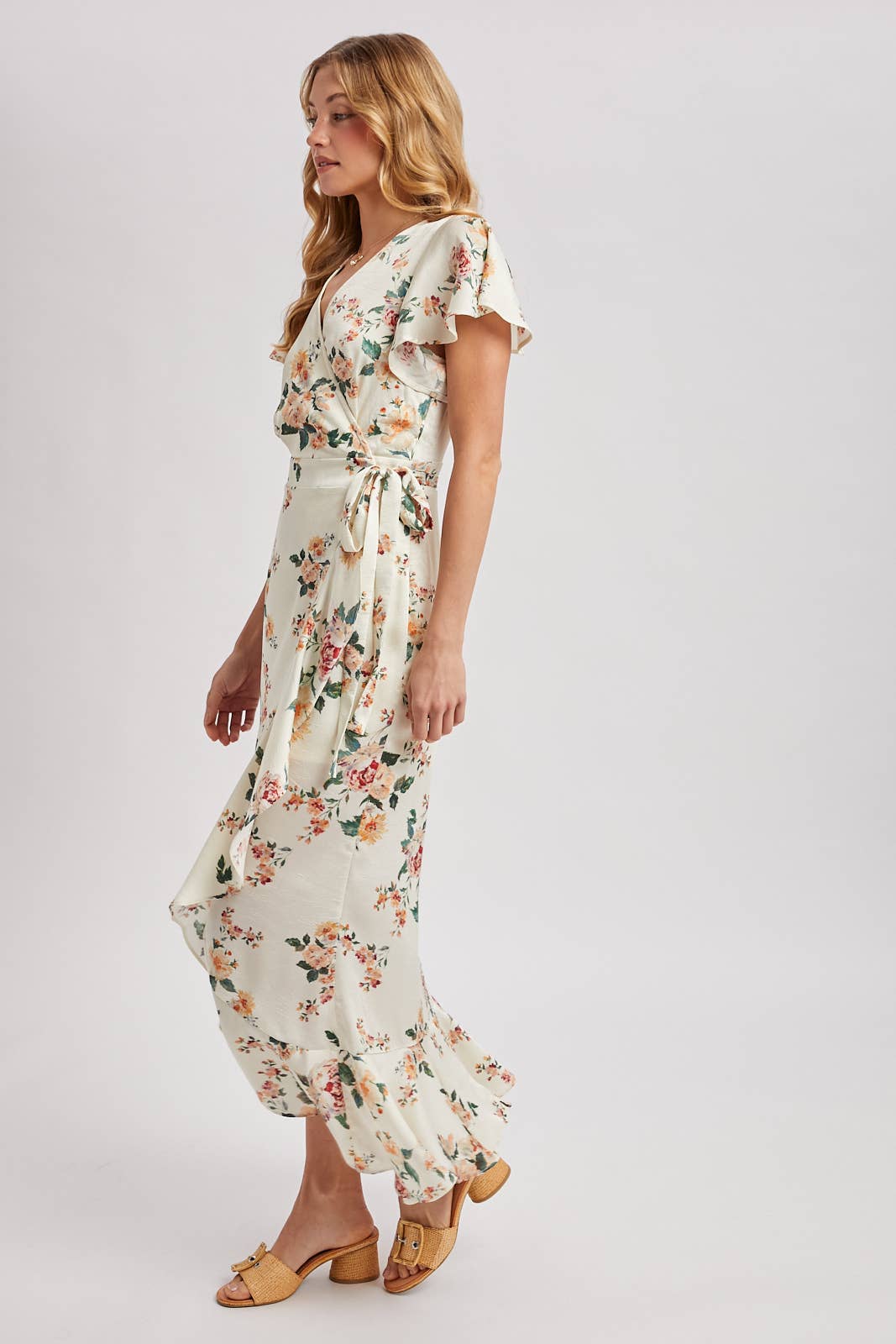Floral Print Ruffled Wrap Maxi Dress