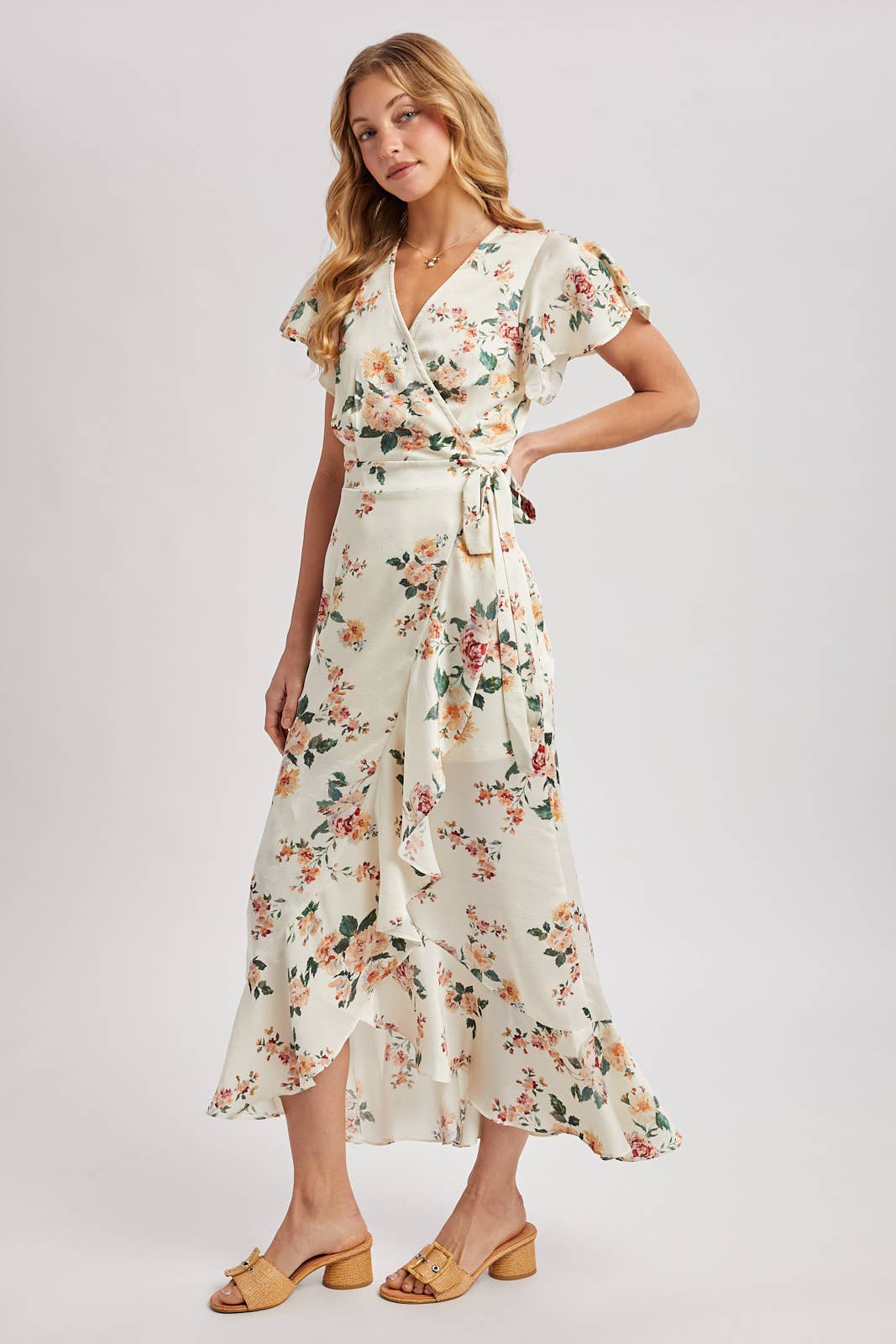 Floral Print Ruffled Wrap Maxi Dress