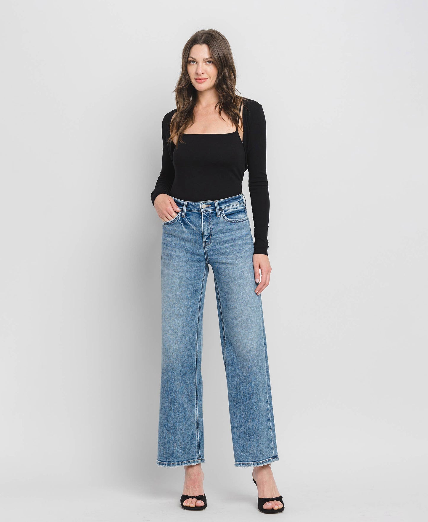 High Rise Medium Wash Full-Length Wide Leg Jeans
