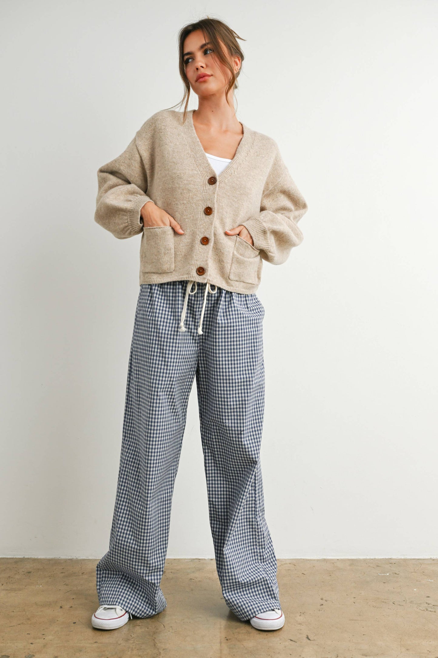 V-Neck Cuff Button-Up Long Sleeve Top