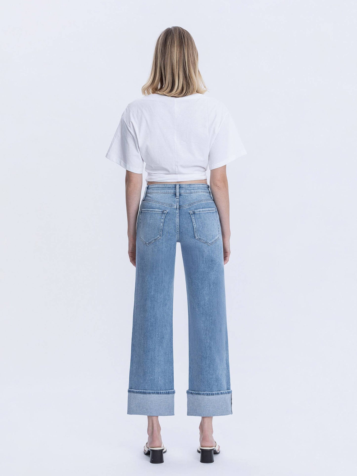 High Rise Medium Light Wash Cuffed Slim Wide Jeans