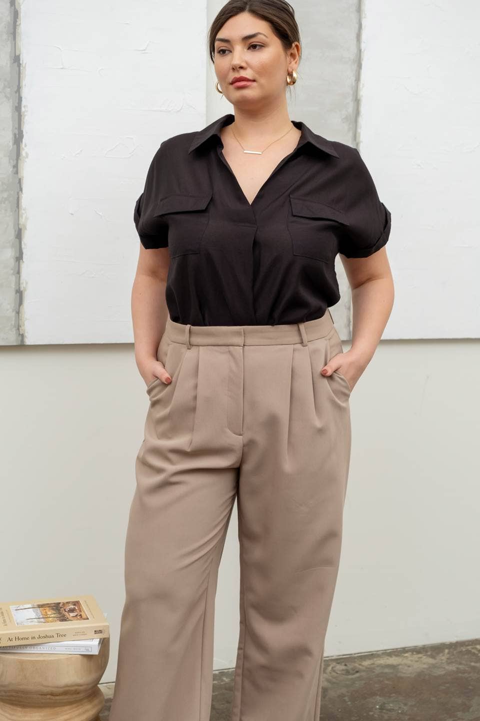 Plus Size Collared Split Neck Short Sleeve Shirt Top