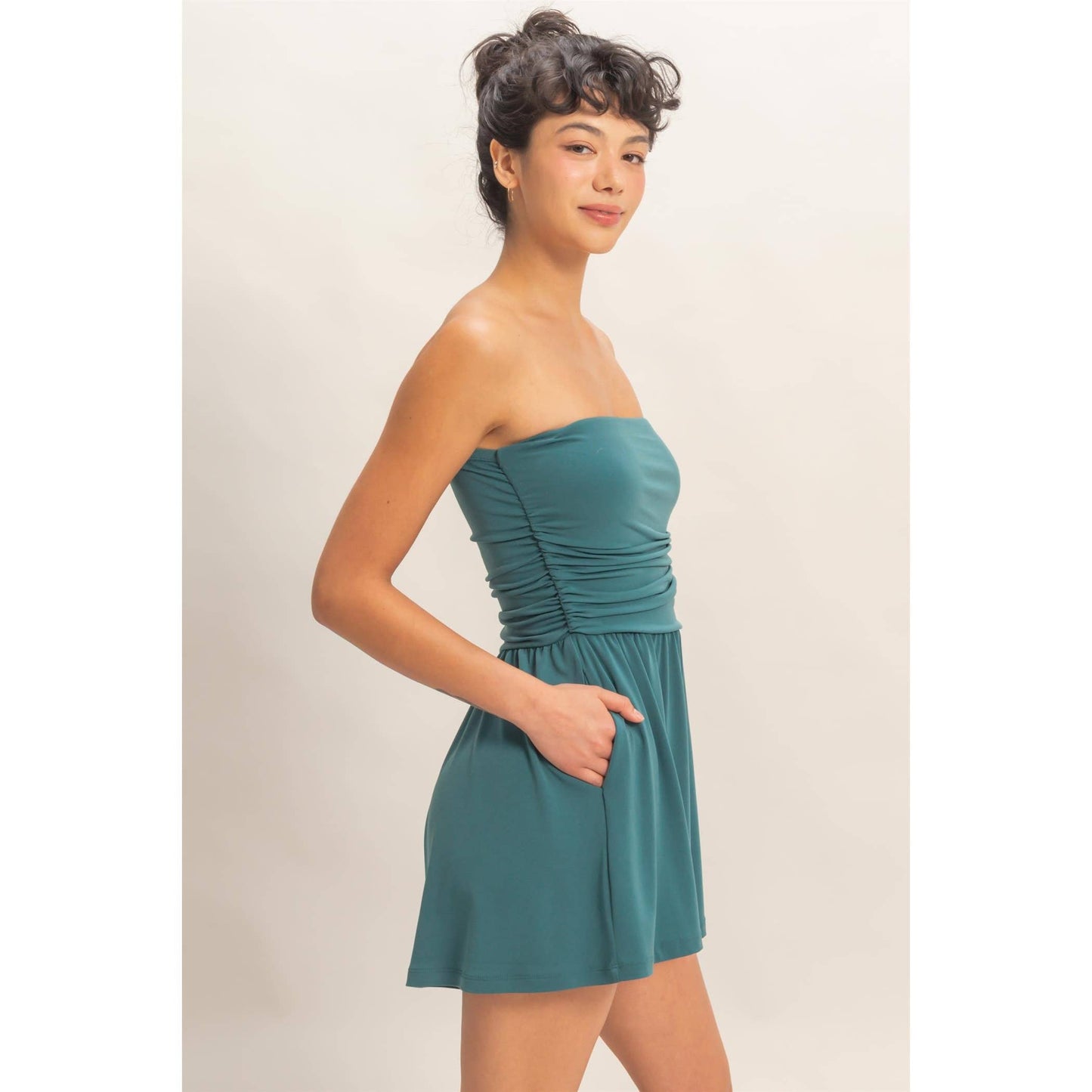Strapless Shirred Waist Romper
