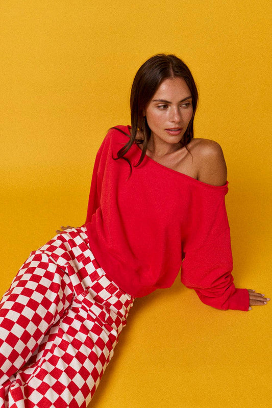 Red Off-the-Shoulder Cropped Fleece Pullover