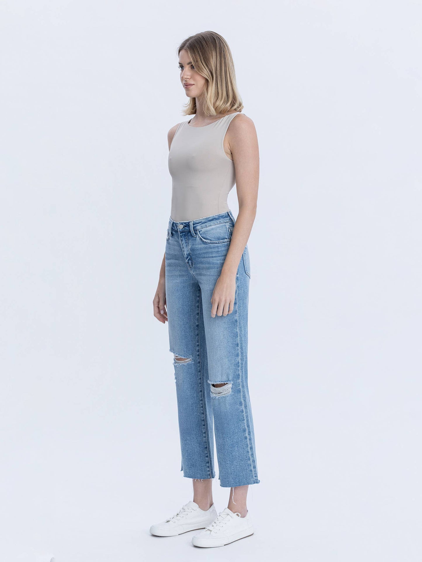 High Rise Raw Hem Crop Slim Wide Jeans