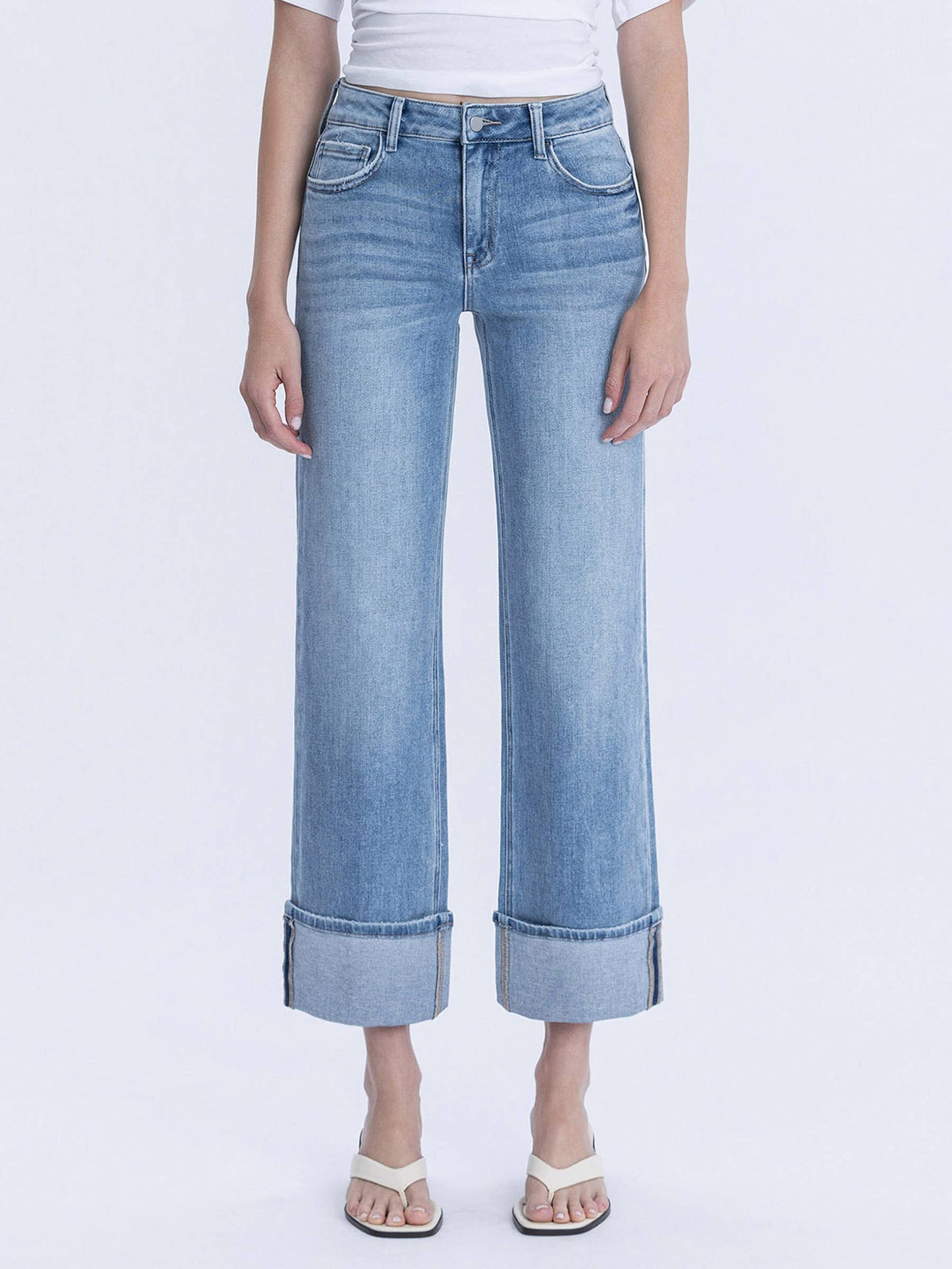 High Rise Medium Light Wash Cuffed Slim Wide Jeans