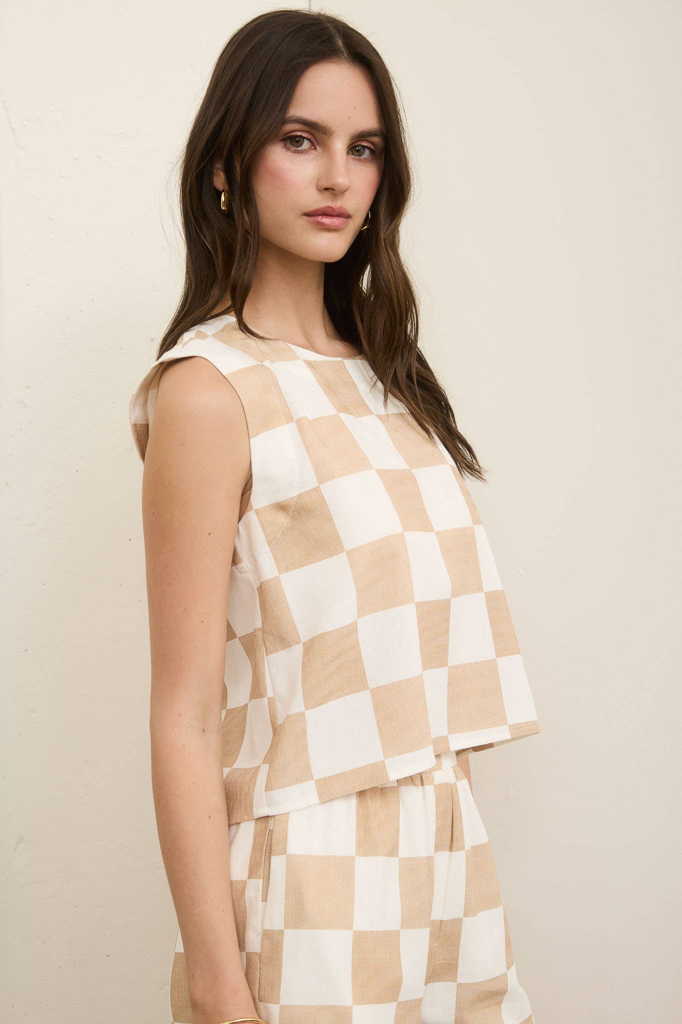 Checkered Linen Blend Cropped Top