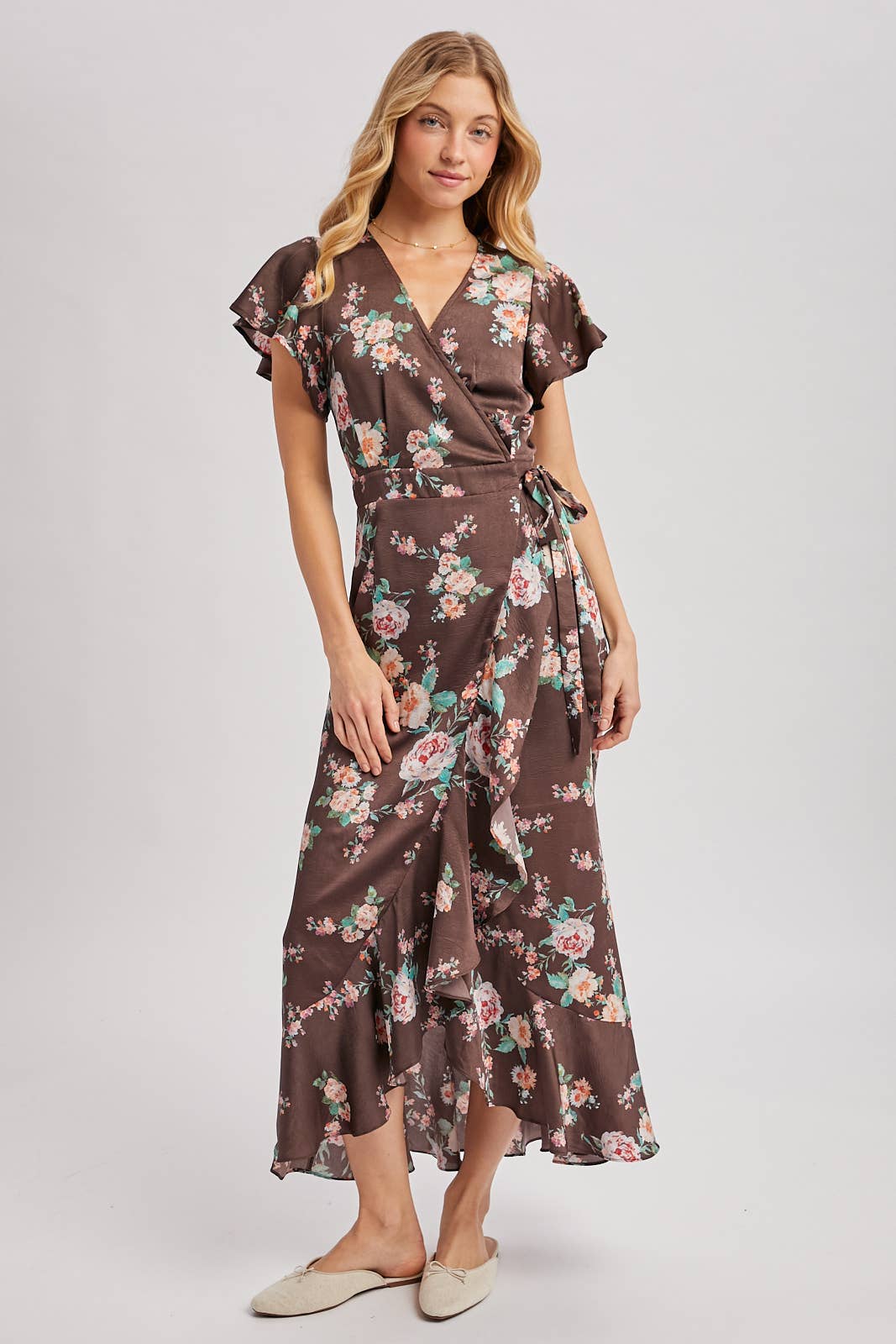Floral Print Ruffled Wrap Maxi Dress