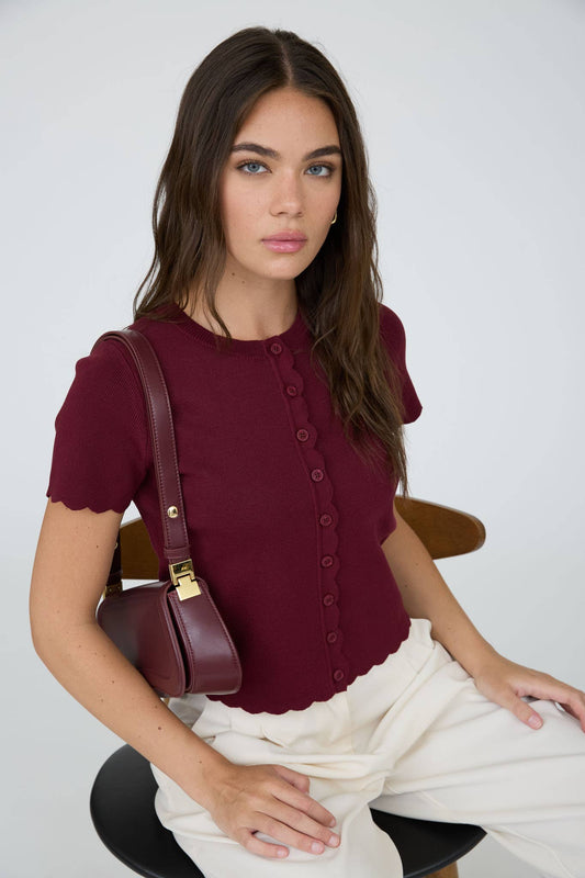 Scallop Trim Button-Down Knit Cardigan