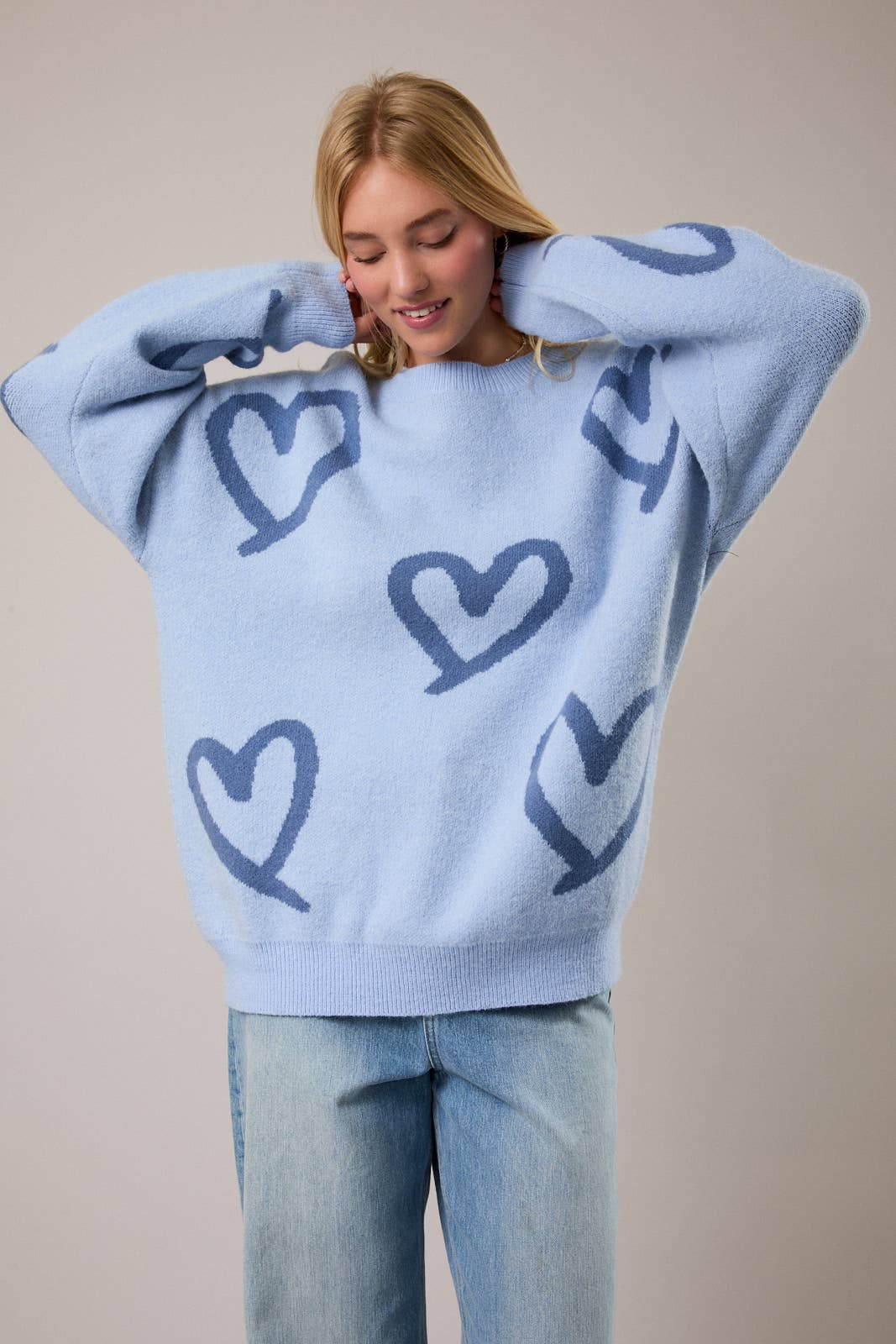Long Sleeve Round Neck Heart Printed Sweater