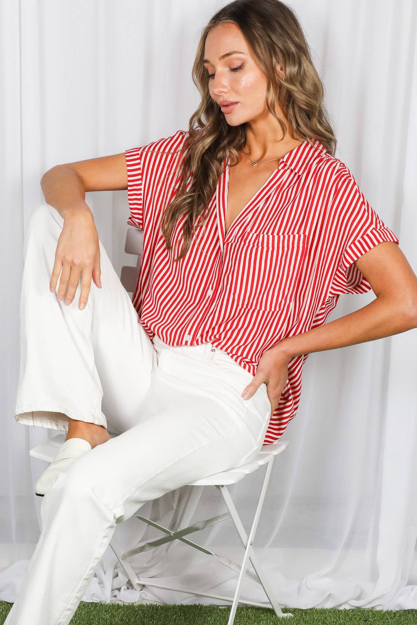 Red Striped Button Down Relaxed Shirt
