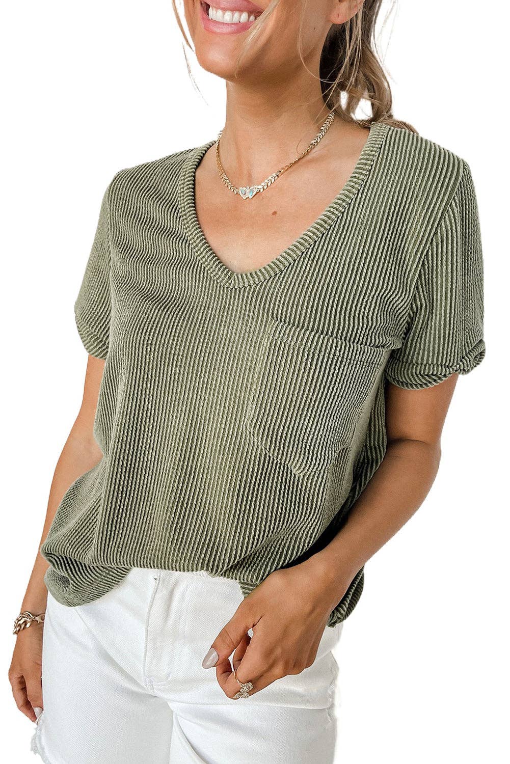 Corded V-Neck Short Sleeve Top