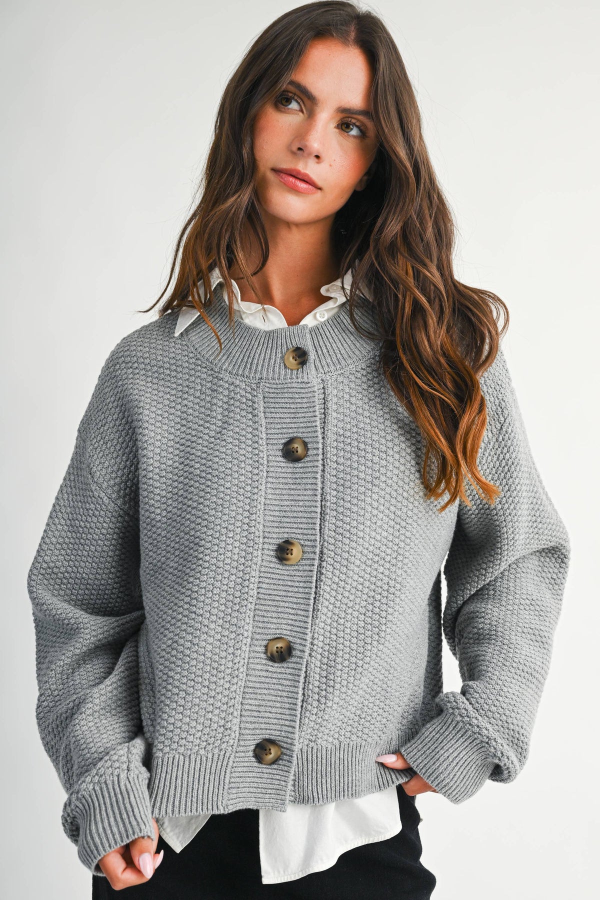 Textured Knit Statement Button Cardigan